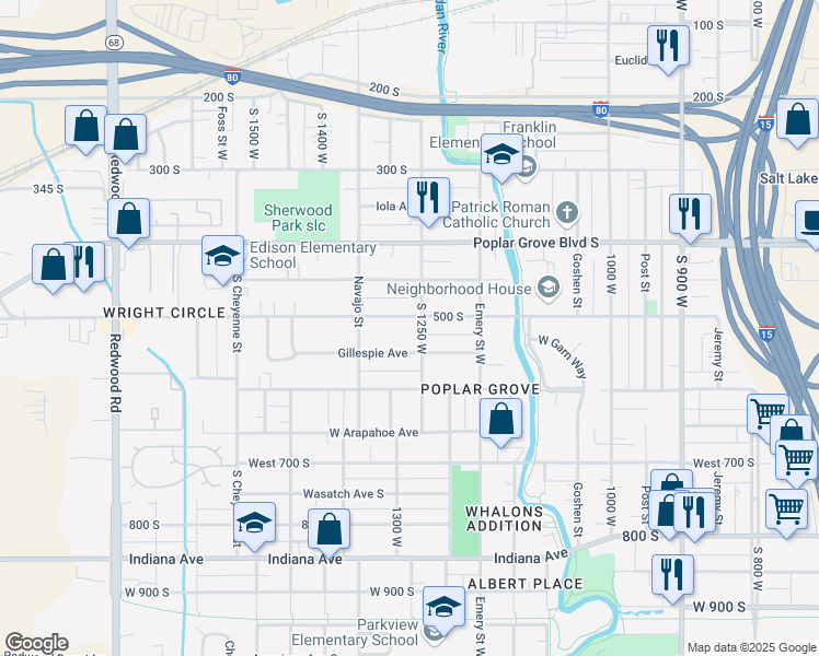 map of restaurants, bars, coffee shops, grocery stores, and more near 523 South 1250 West in Salt Lake City