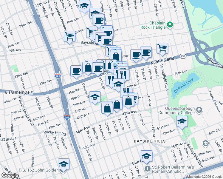 map of restaurants, bars, coffee shops, grocery stores, and more near 211-23 46th Avenue in Queens