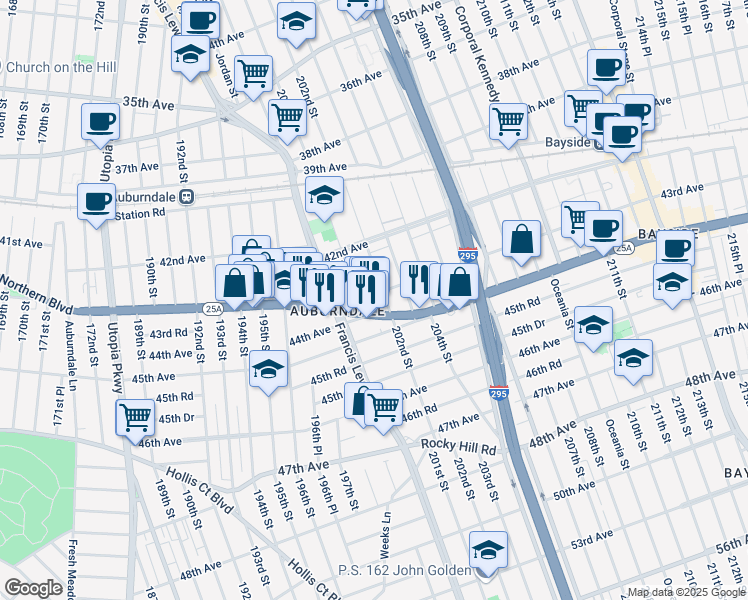 map of restaurants, bars, coffee shops, grocery stores, and more near 201-08 43rd Avenue in Queens