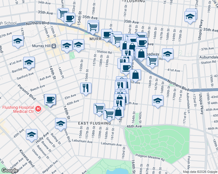 map of restaurants, bars, coffee shops, grocery stores, and more near 43-31 160th Street in Queens