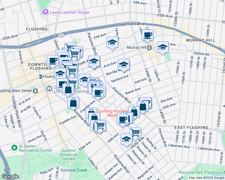 map of restaurants, bars, coffee shops, grocery stores, and more near 143-73 Ash Avenue in Queens