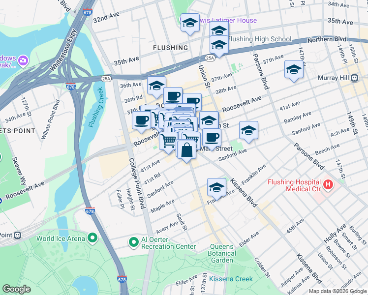map of restaurants, bars, coffee shops, grocery stores, and more near 135-24 40th Road in Queens