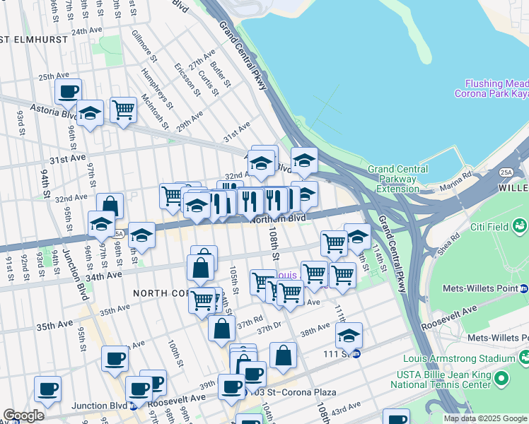 map of restaurants, bars, coffee shops, grocery stores, and more near in Queens