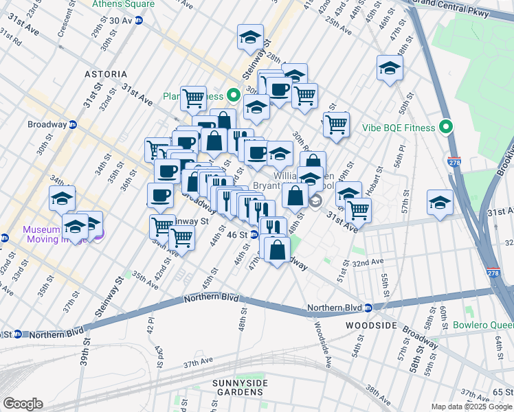map of restaurants, bars, coffee shops, grocery stores, and more near 31-53 45th Street in Queens