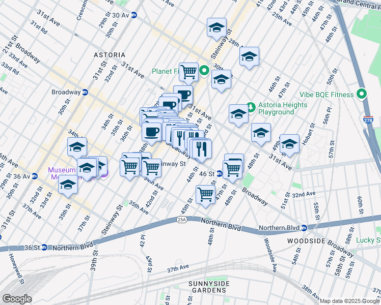 map of restaurants, bars, coffee shops, grocery stores, and more near 42-14 Broadway in Queens