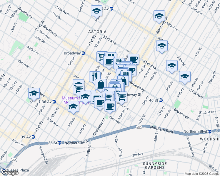 map of restaurants, bars, coffee shops, grocery stores, and more near 32-63 37th Street in Queens