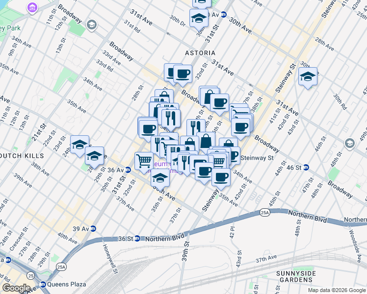 map of restaurants, bars, coffee shops, grocery stores, and more near 32-85 35th Street in Queens