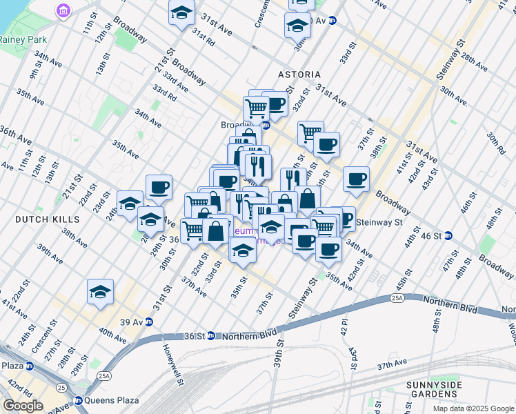 map of restaurants, bars, coffee shops, grocery stores, and more near 34-29 33rd Street in Queens