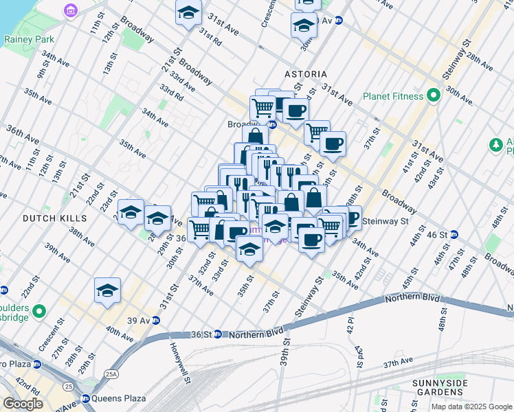 map of restaurants, bars, coffee shops, grocery stores, and more near 34-29 33rd Street in Queens