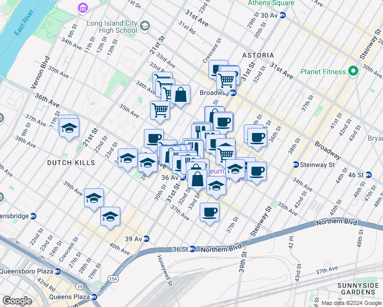 map of restaurants, bars, coffee shops, grocery stores, and more near 30-14 35th Avenue in Queens