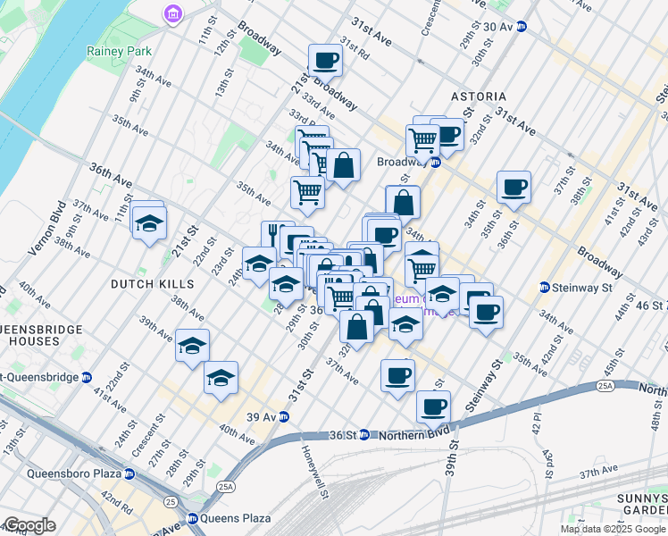 map of restaurants, bars, coffee shops, grocery stores, and more near 35-33 29th Street in Queens