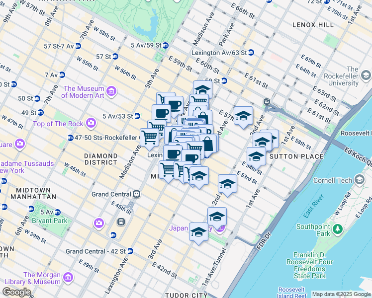 map of restaurants, bars, coffee shops, grocery stores, and more near in New York