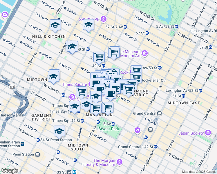 map of restaurants, bars, coffee shops, grocery stores, and more near 60 East 42nd Street in New York