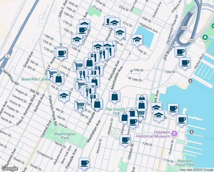 map of restaurants, bars, coffee shops, grocery stores, and more near 1009 Palisade Avenue in Union City