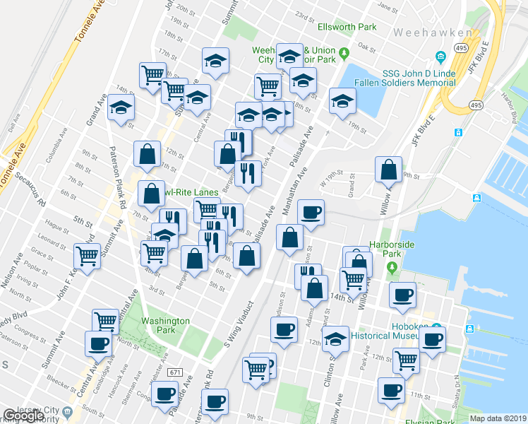 map of restaurants, bars, coffee shops, grocery stores, and more near 1009 Palisade Avenue in Union City