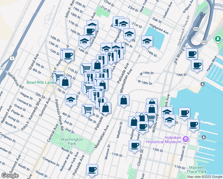 map of restaurants, bars, coffee shops, grocery stores, and more near 1009 Palisade Avenue in Union City