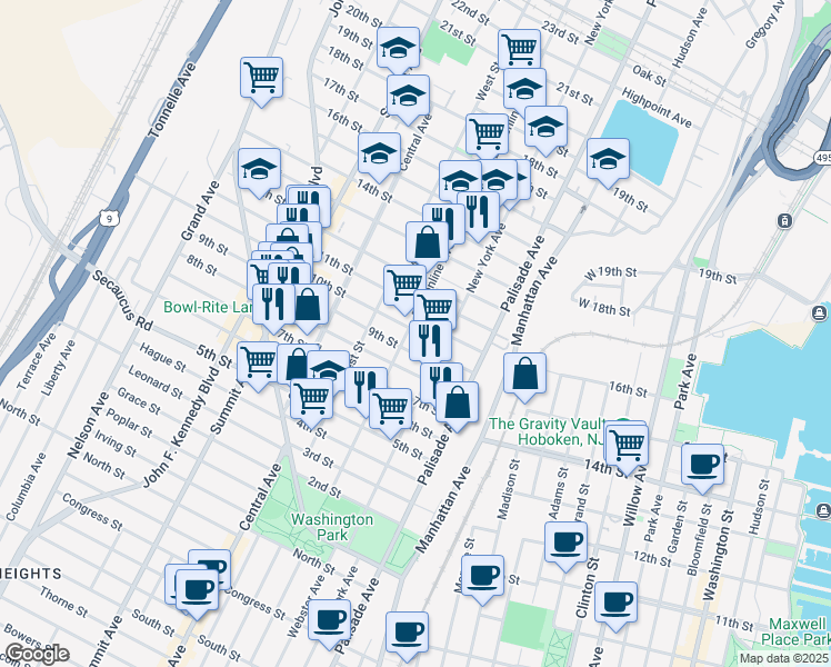map of restaurants, bars, coffee shops, grocery stores, and more near 910 Bergenline Avenue in Union City