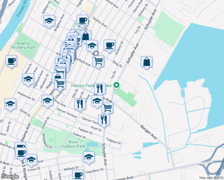 map of restaurants, bars, coffee shops, grocery stores, and more near 90 Ivy Street in Kearny
