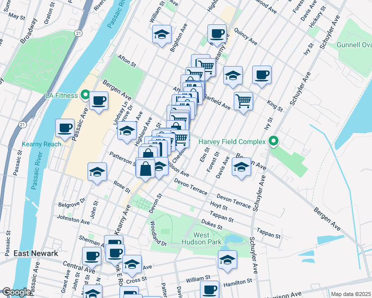 map of restaurants, bars, coffee shops, grocery stores, and more near 211 Devon Street in Kearny