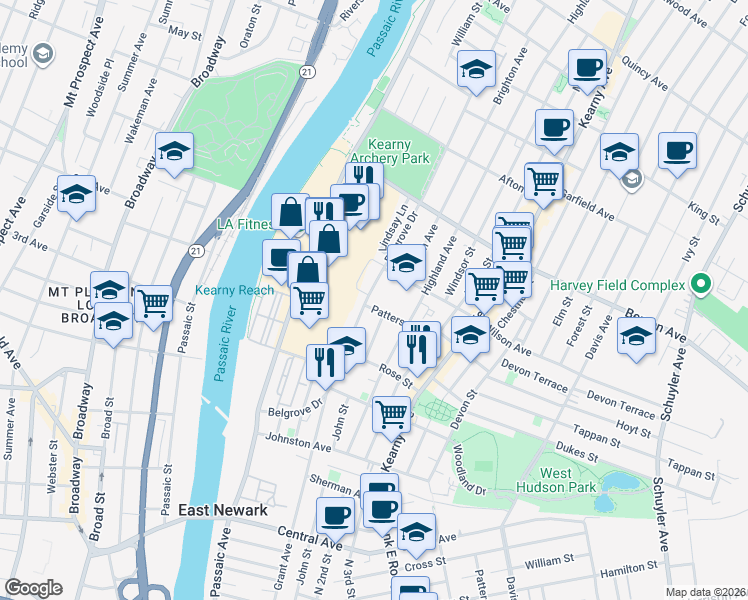 map of restaurants, bars, coffee shops, grocery stores, and more near 149 Belgrove Drive in Kearny