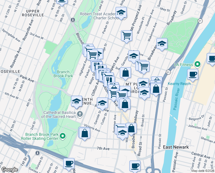 map of restaurants, bars, coffee shops, grocery stores, and more near 101 Mount Prospect Avenue in Newark