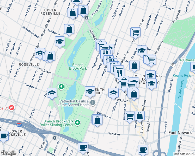 map of restaurants, bars, coffee shops, grocery stores, and more near 151 Parker Street in Newark