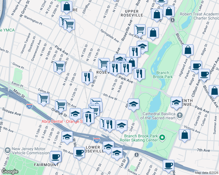 map of restaurants, bars, coffee shops, grocery stores, and more near 244 North 7th Street in Newark
