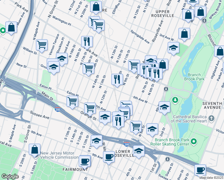 map of restaurants, bars, coffee shops, grocery stores, and more near 86 North 11th Street in Newark