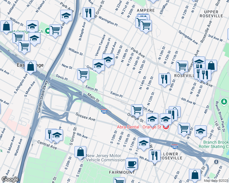 map of restaurants, bars, coffee shops, grocery stores, and more near 64 Eaton Place in East Orange