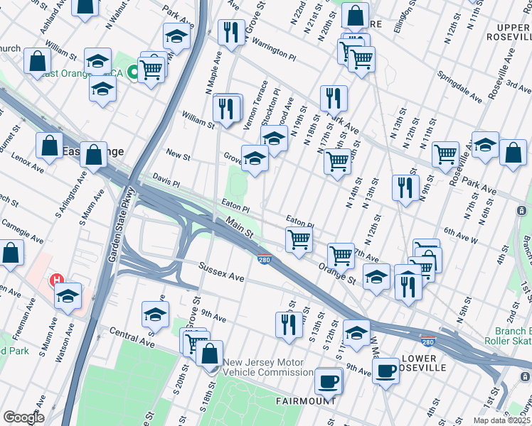 map of restaurants, bars, coffee shops, grocery stores, and more near 97 Eaton Place in East Orange