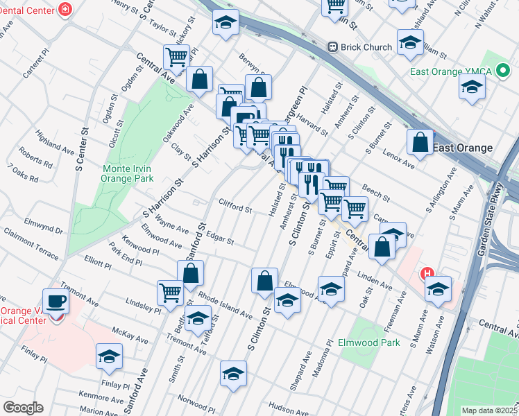 map of restaurants, bars, coffee shops, grocery stores, and more near 267 Halsted Street in East Orange