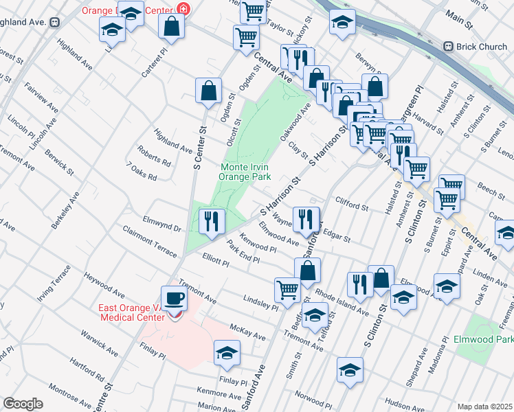 map of restaurants, bars, coffee shops, grocery stores, and more near 362 South Harrison Street in East Orange