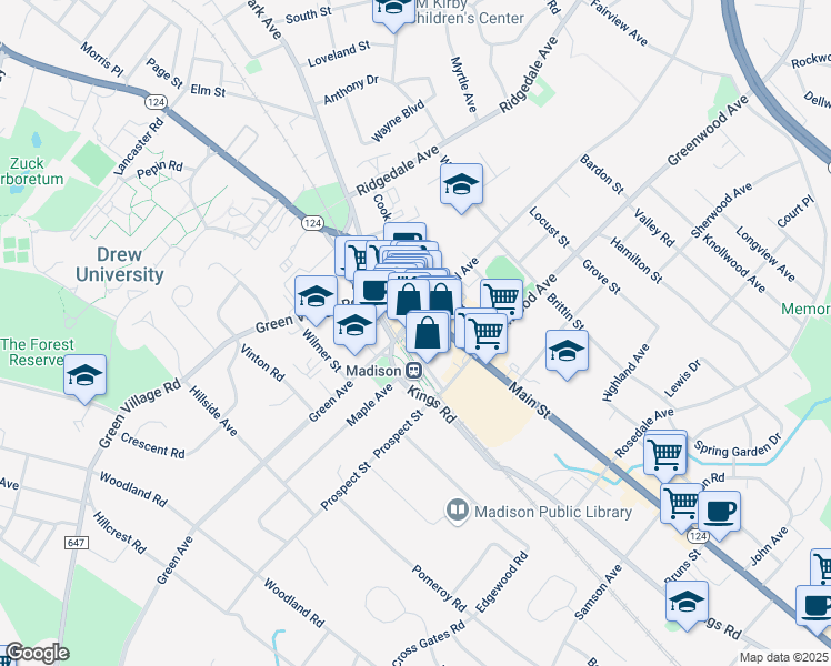 map of restaurants, bars, coffee shops, grocery stores, and more near 14 Waverly Place in Madison