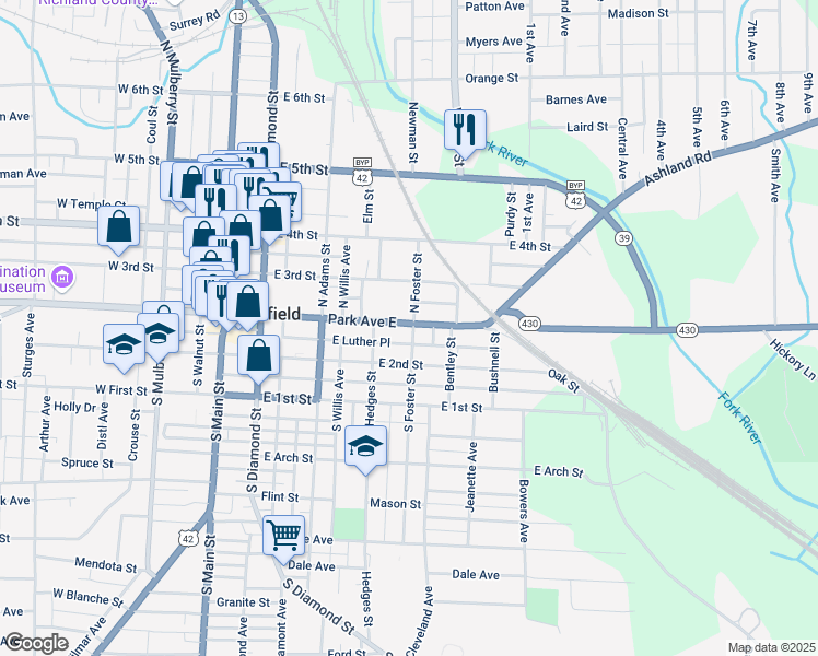 map of restaurants, bars, coffee shops, grocery stores, and more near 180 Park Ave E in Mansfield