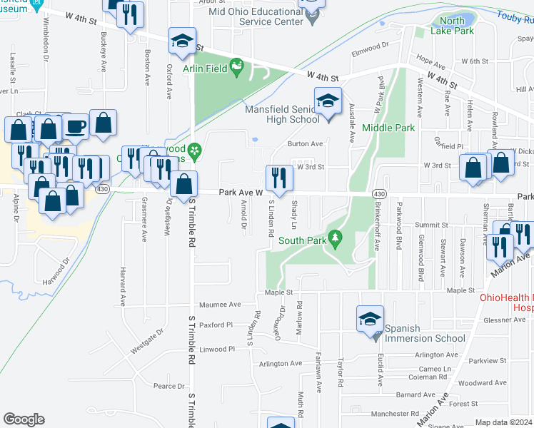 map of restaurants, bars, coffee shops, grocery stores, and more near 37 North Linden Road in Mansfield
