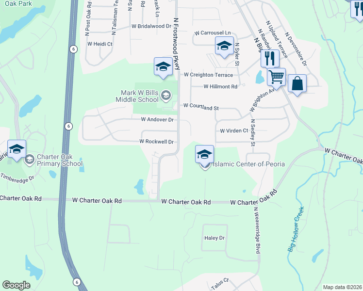 map of restaurants, bars, coffee shops, grocery stores, and more near 5720 North Frostwood Parkway in Peoria