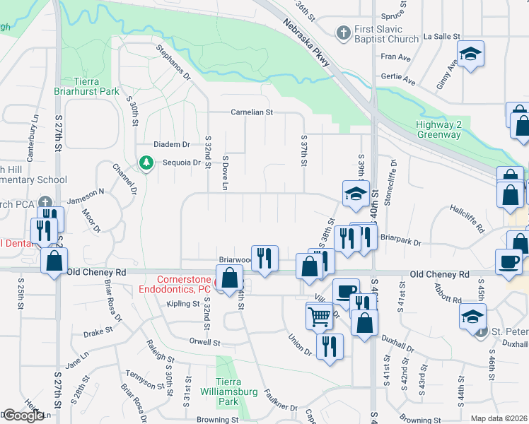 map of restaurants, bars, coffee shops, grocery stores, and more near 5601 Thistle Circle in Lincoln
