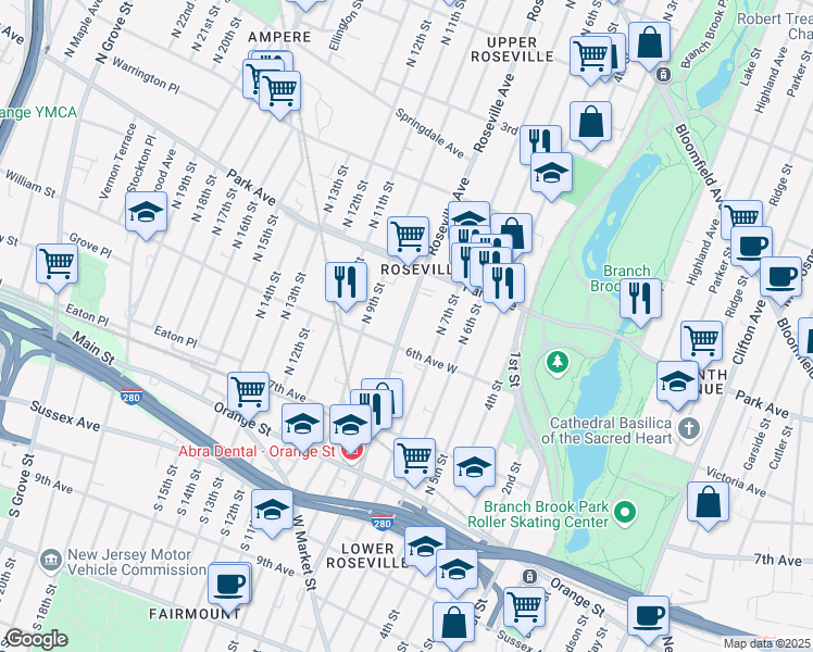 map of restaurants, bars, coffee shops, grocery stores, and more near 215 Roseville Avenue in Newark