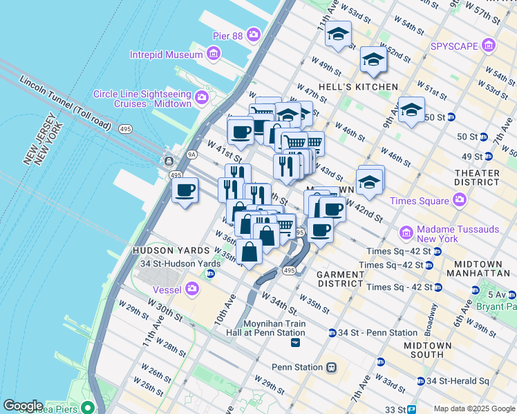 map of restaurants, bars, coffee shops, grocery stores, and more near 516 West 39th Street in New York