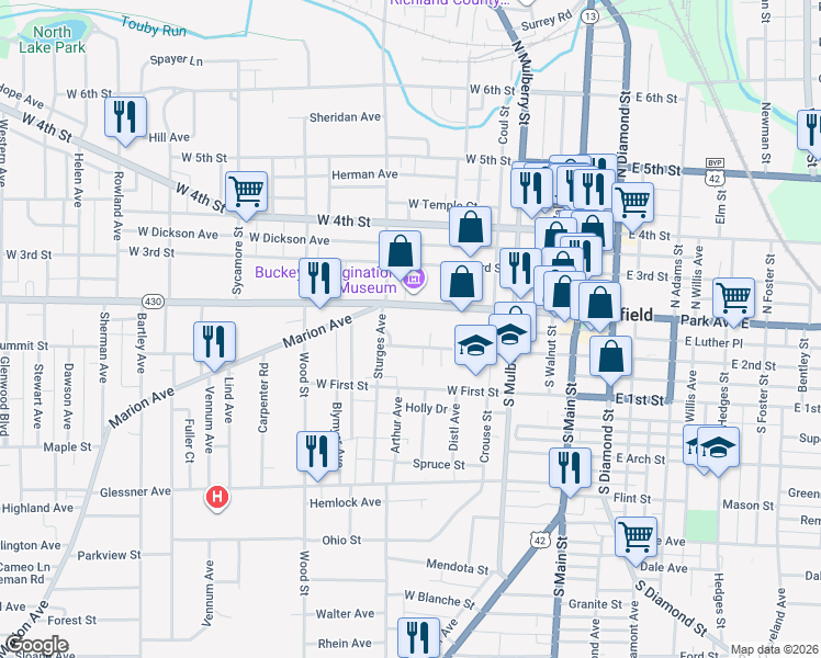 map of restaurants, bars, coffee shops, grocery stores, and more near 186 E 2nd St in Mansfield