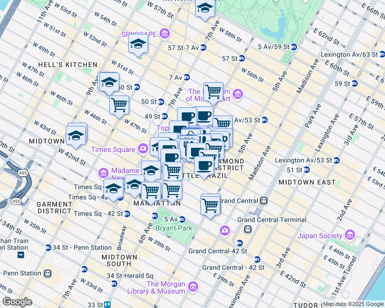 map of restaurants, bars, coffee shops, grocery stores, and more near in New York