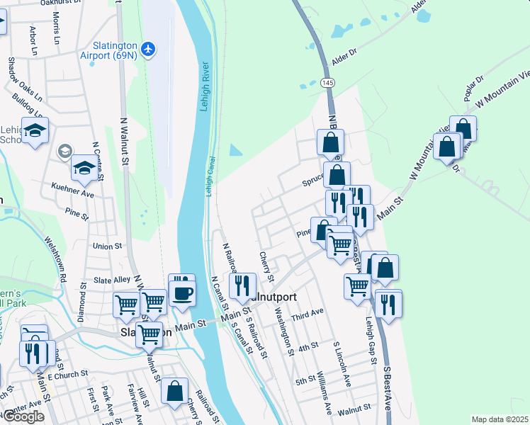 map of restaurants, bars, coffee shops, grocery stores, and more near 212 Spruce Street in Walnutport