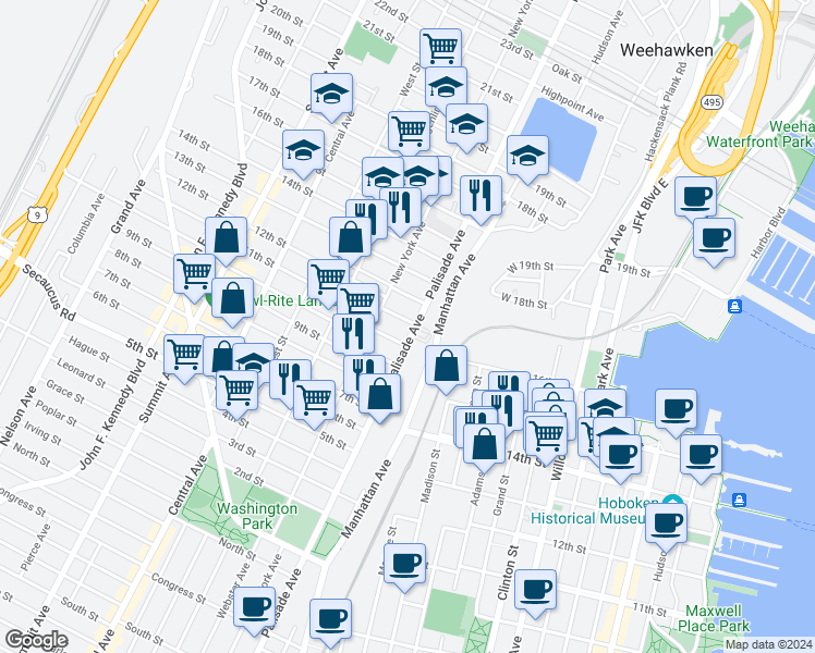 map of restaurants, bars, coffee shops, grocery stores, and more near 1013 Palisade Avenue in Union City