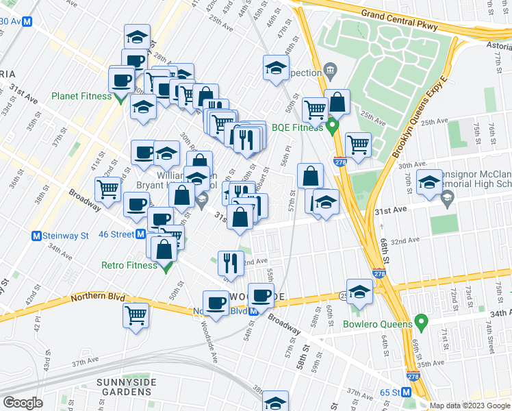 map of restaurants, bars, coffee shops, grocery stores, and more near 30-51 Hobart Street in Queens