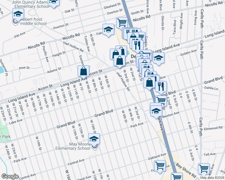 map of restaurants, bars, coffee shops, grocery stores, and more near 241 Lake Avenue in Deer Park