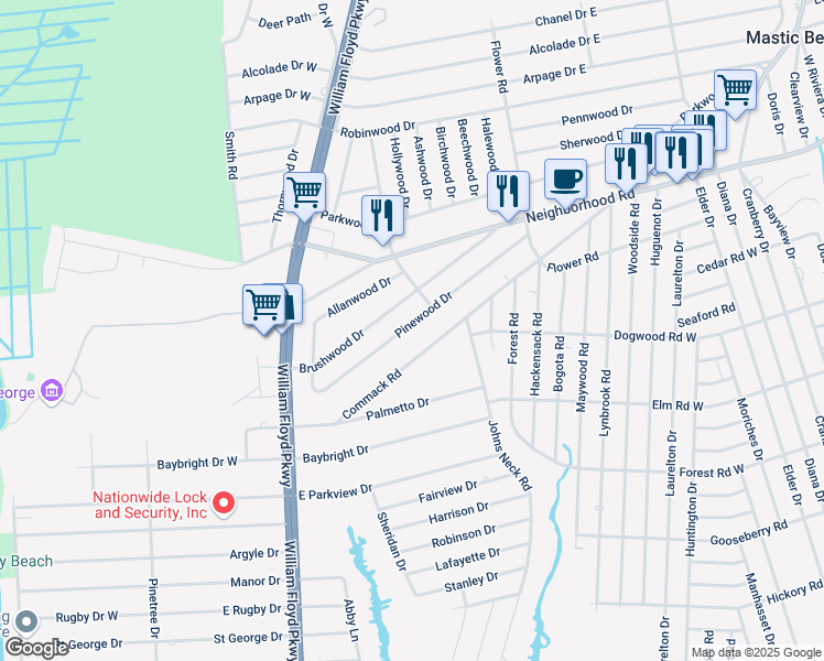 map of restaurants, bars, coffee shops, grocery stores, and more near 62 Pinewood Drive in Shirley