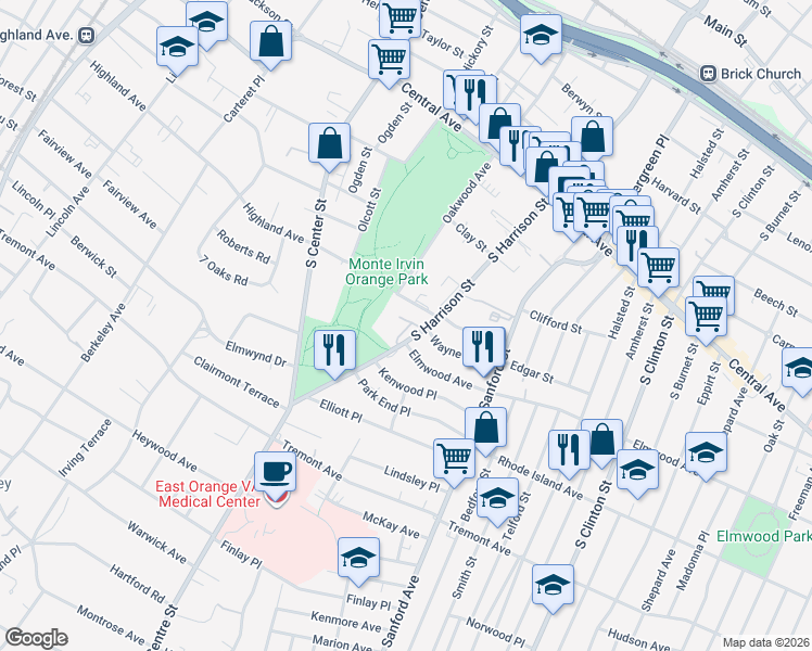 map of restaurants, bars, coffee shops, grocery stores, and more near 362 South Harrison Street in East Orange