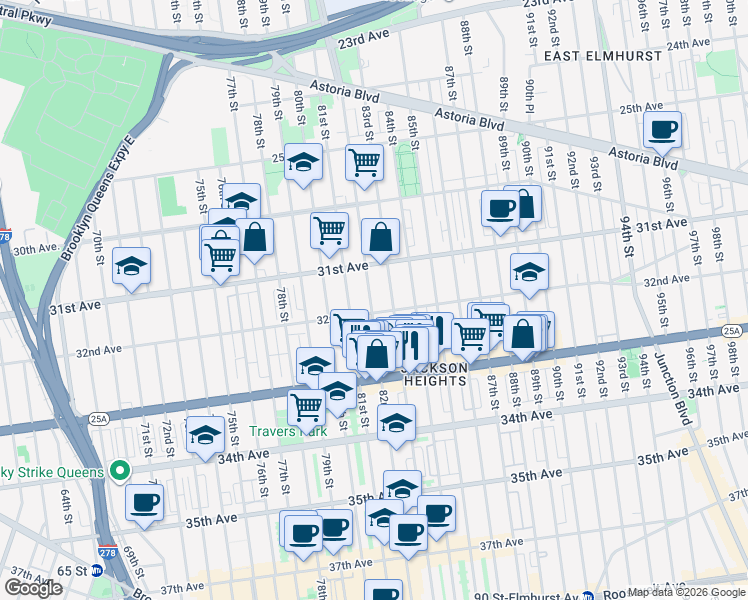 map of restaurants, bars, coffee shops, grocery stores, and more near 31-39 82nd Street in Queens