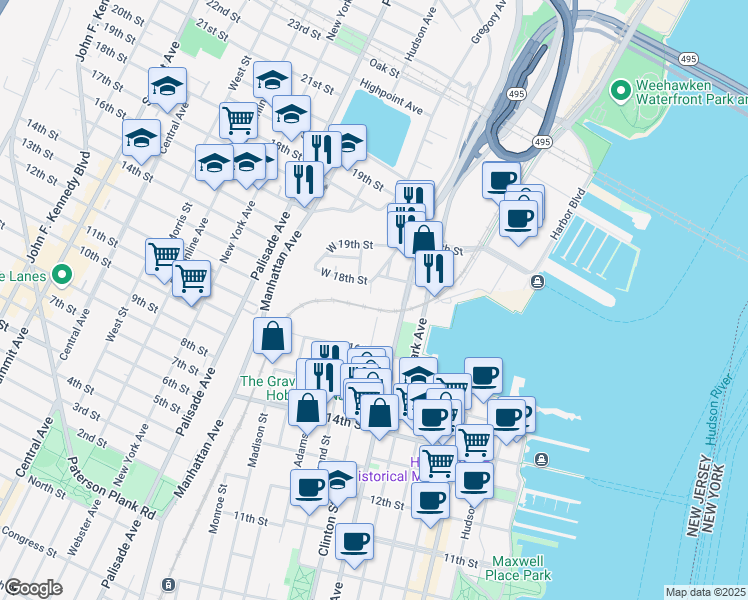 map of restaurants, bars, coffee shops, grocery stores, and more near 1710 Clinton Street in Hoboken