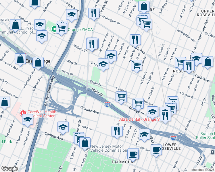map of restaurants, bars, coffee shops, grocery stores, and more near 97 Eaton Place in East Orange
